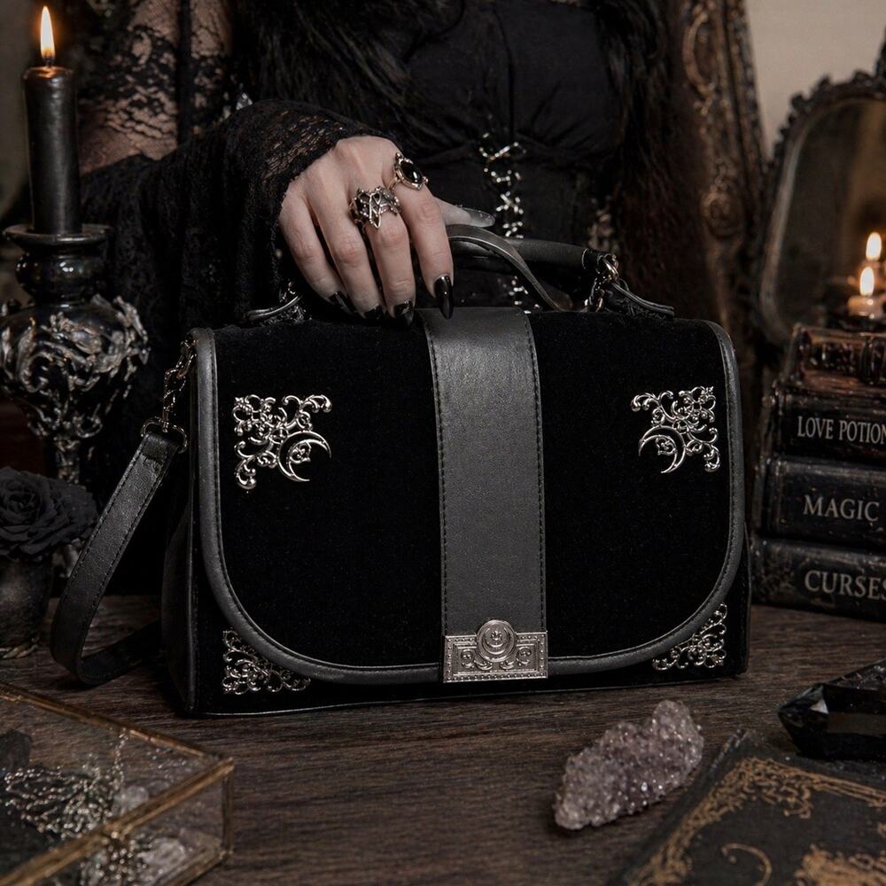 Killstar Gothic Black Velvet Satchel Handbag Purse Medium Silver Filigree NWOT - Picture 2 of 16